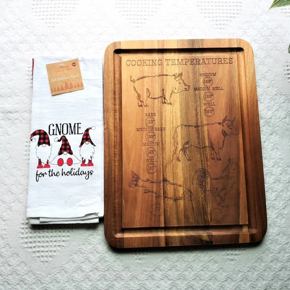 Dickey's Barbecue Pit Meat Cooking Temperature Engraved Cutting‎ Board + Towels